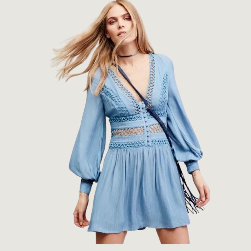 Free People Dress Blue I Think I Love You Mini V Neck Cut Out Fit Flare Boho 10